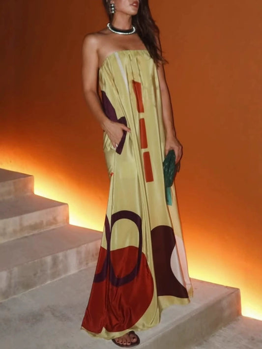 Einzigartiges, bedrucktes, schulterfreies, lockeres Maxikleid mit Taschen