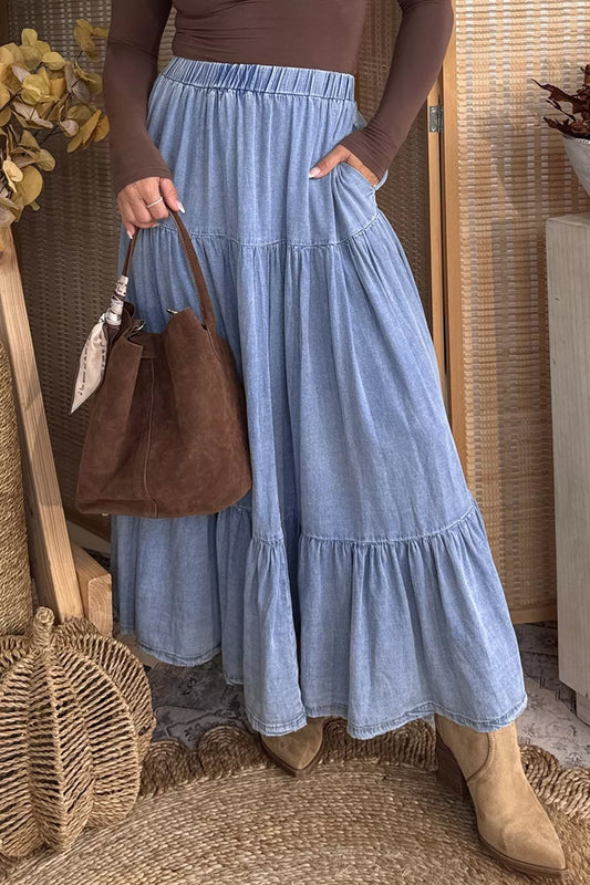 Elastic Waist Ruffled Tiered Flared Denim Maxi Skirt