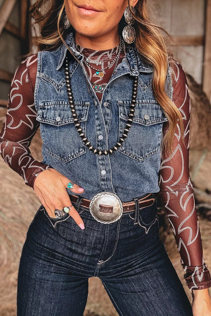 Blue Solid Denim Button Front Pocket Sleeveless Cowboy Vest