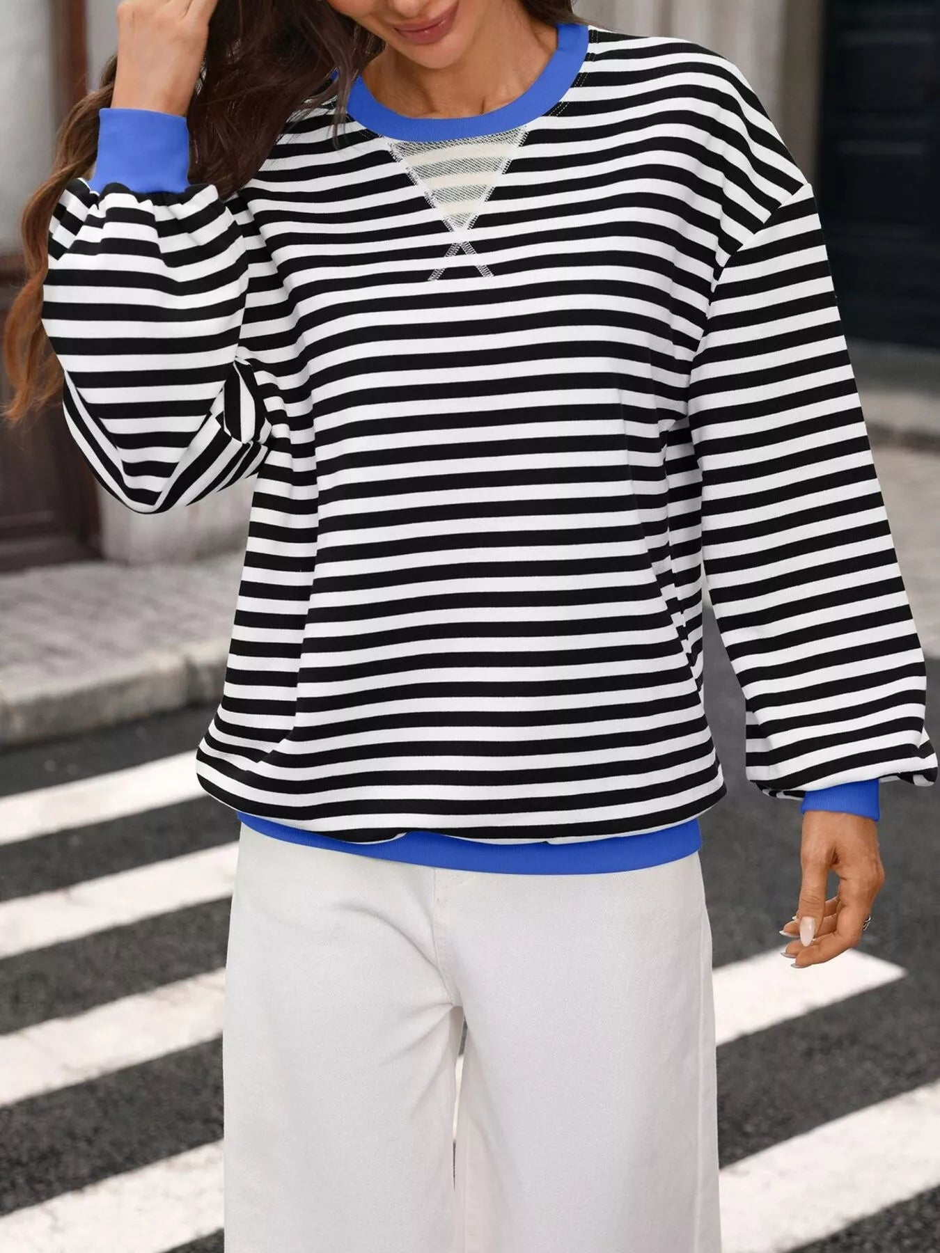 Contrast Trim Striped Crew Neck Sweatshirt