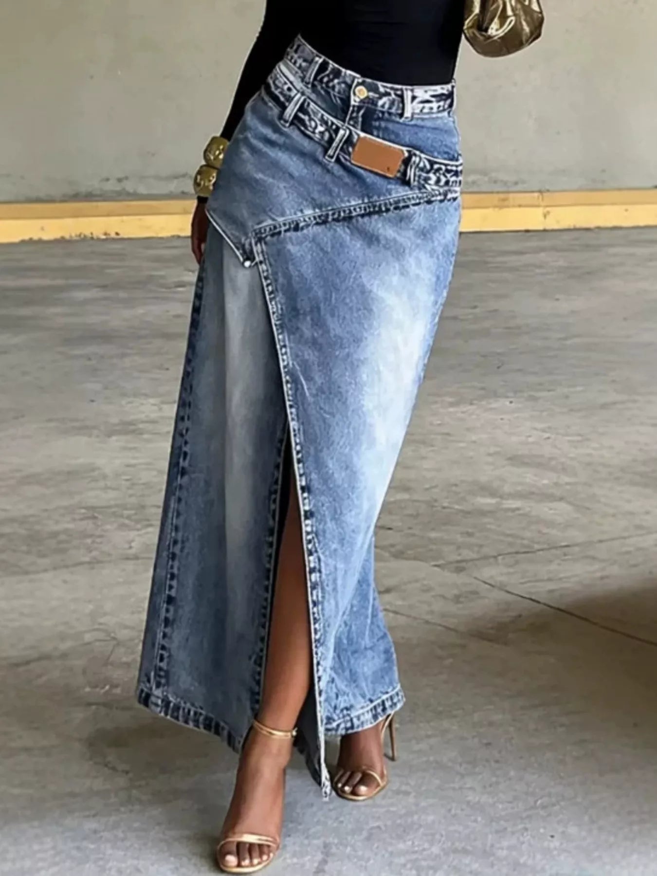 High-Waisted Asymmetric Slit Denim Maxi Skirt