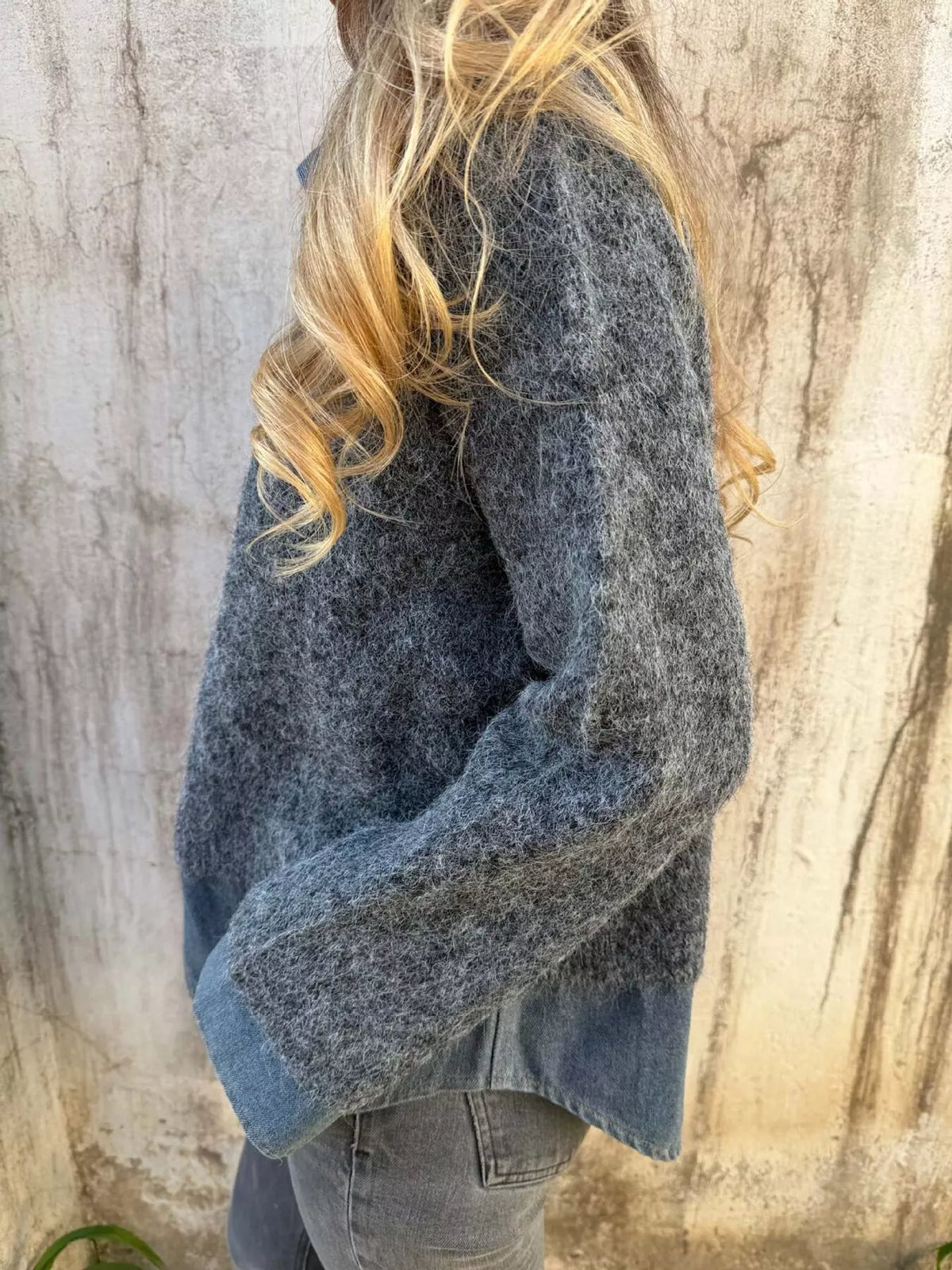 Contrast Denim Collar Half-Zip Knit Sweater