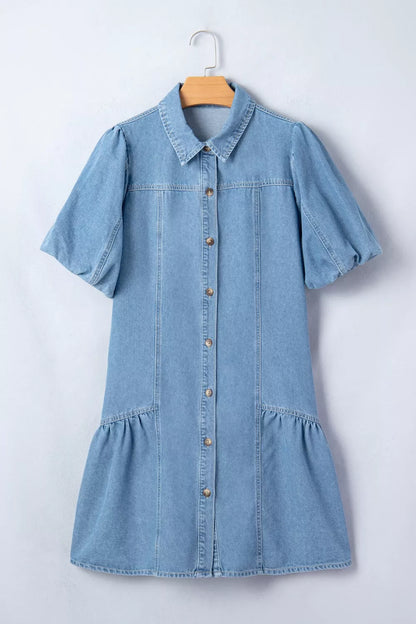 Button Down Short Puff Sleeve Ruffle Hem Denim Dress