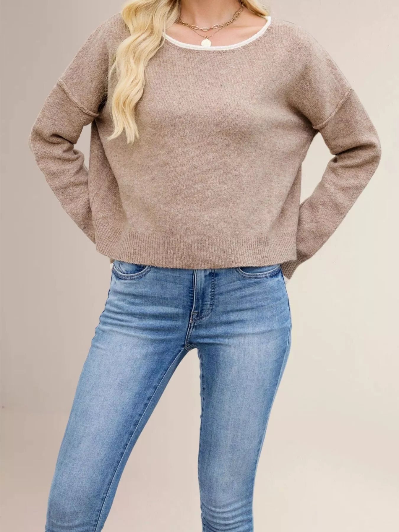Contrast Trim Dropped Shoulder Sweater