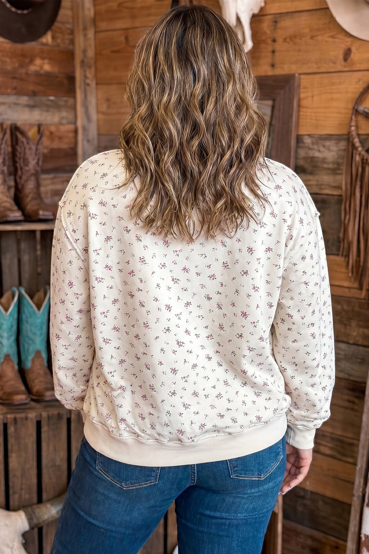 Apricot Floral Print Texas Long Sleeve Ribbed Neck Tunic Plus Size Sweatshirt