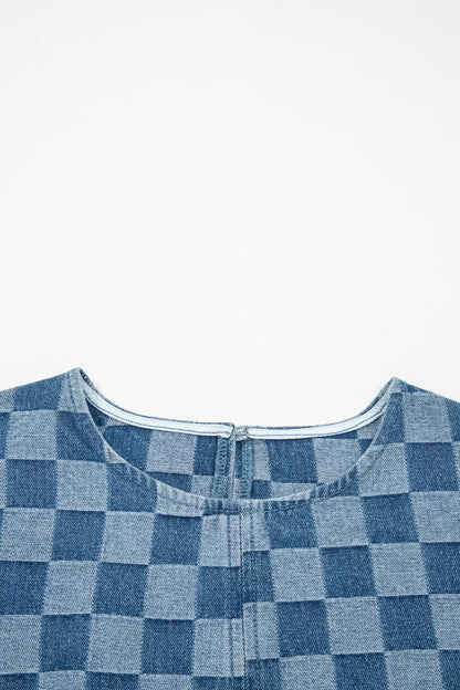 Frayed Hem Checkered Denim Mini Dress