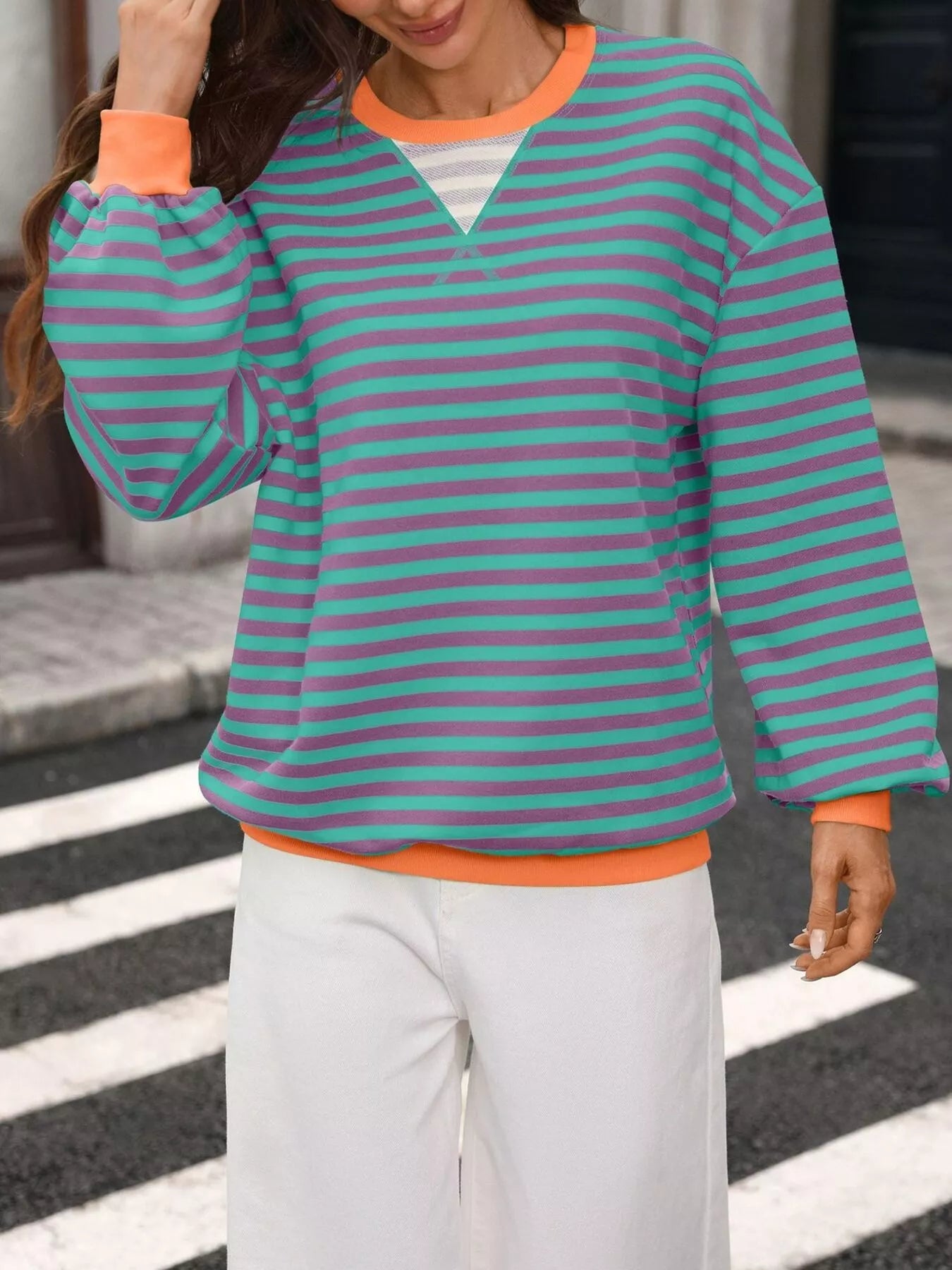Contrast Trim Striped Crew Neck Sweatshirt