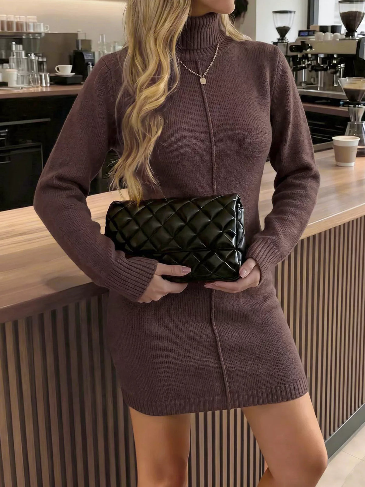 Turtleneck Ribbed Knit Sweater Dress