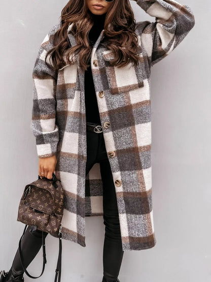 Longline Plaid Button-Up Coat for Women | Boutique Outerwear