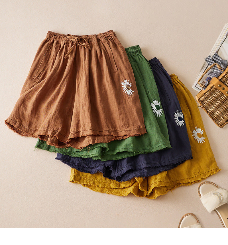 5-Color Thin Retro Daisy Embroidered Casual Shorts