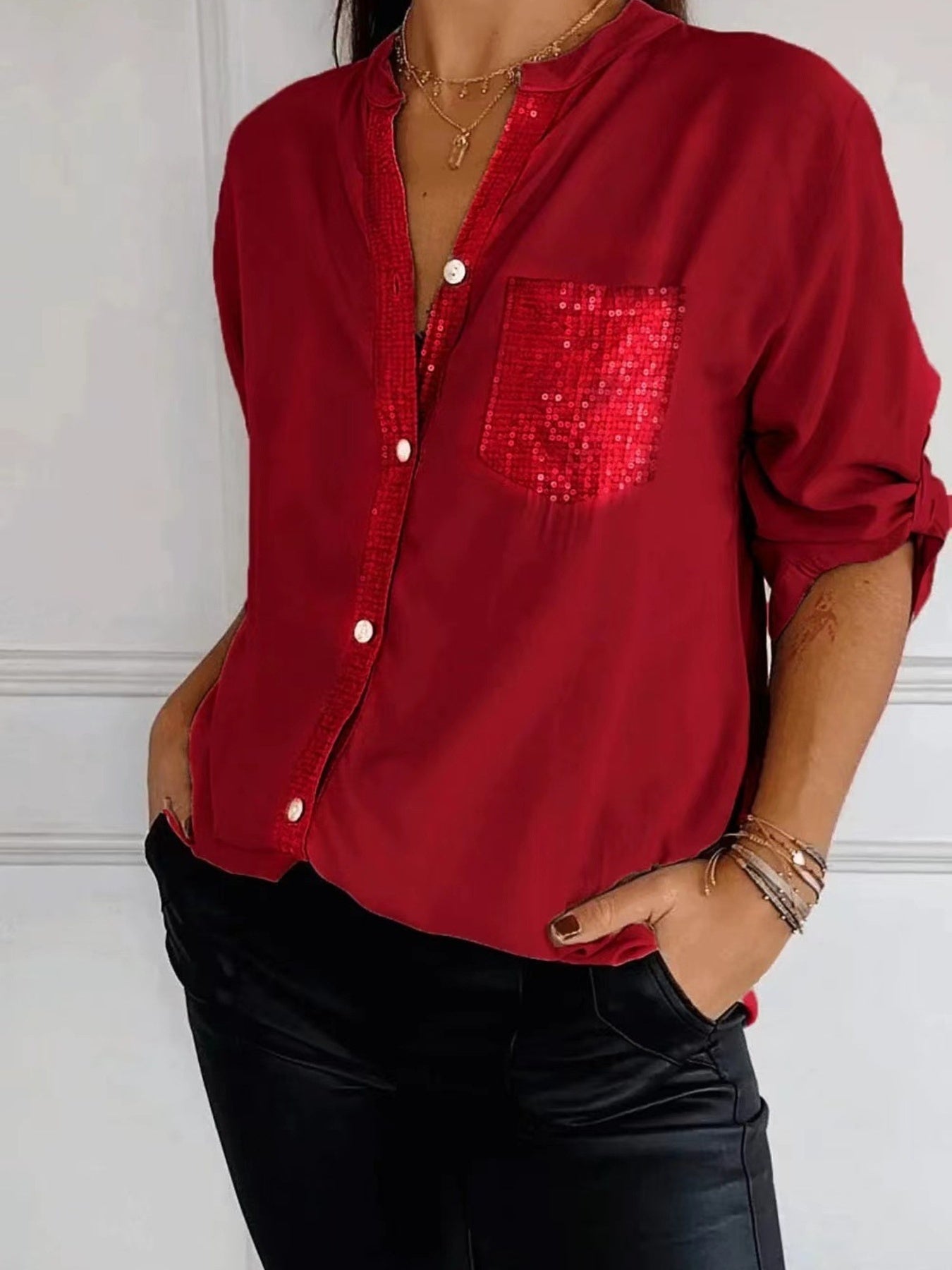 Full Size Sequin Detail Button-Down Shirt Plus Size