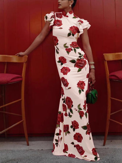 Robe longue extensible à manches évasées et à imprimé floral rose style cheongsam