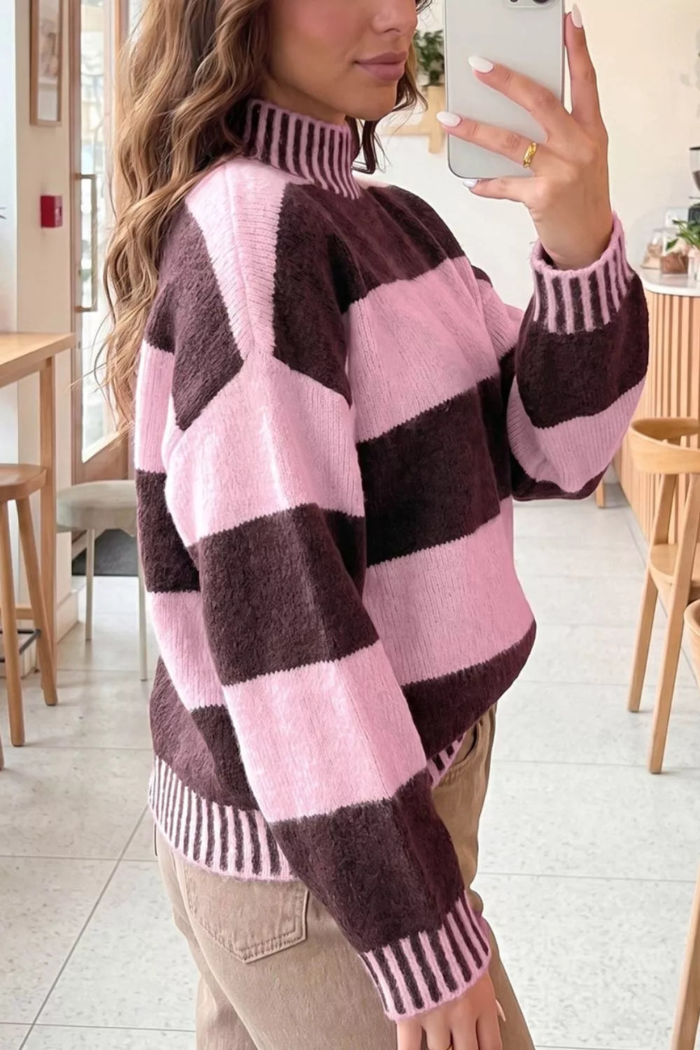Stripe Contrast High Neck Dropped Shoulder Relaxed Sweater