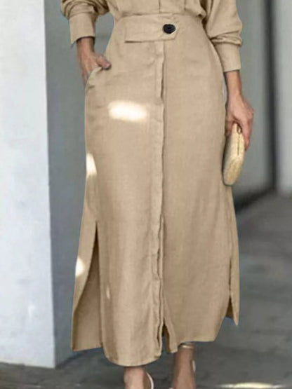 Side Slit Long Sleeve Shirt Dress