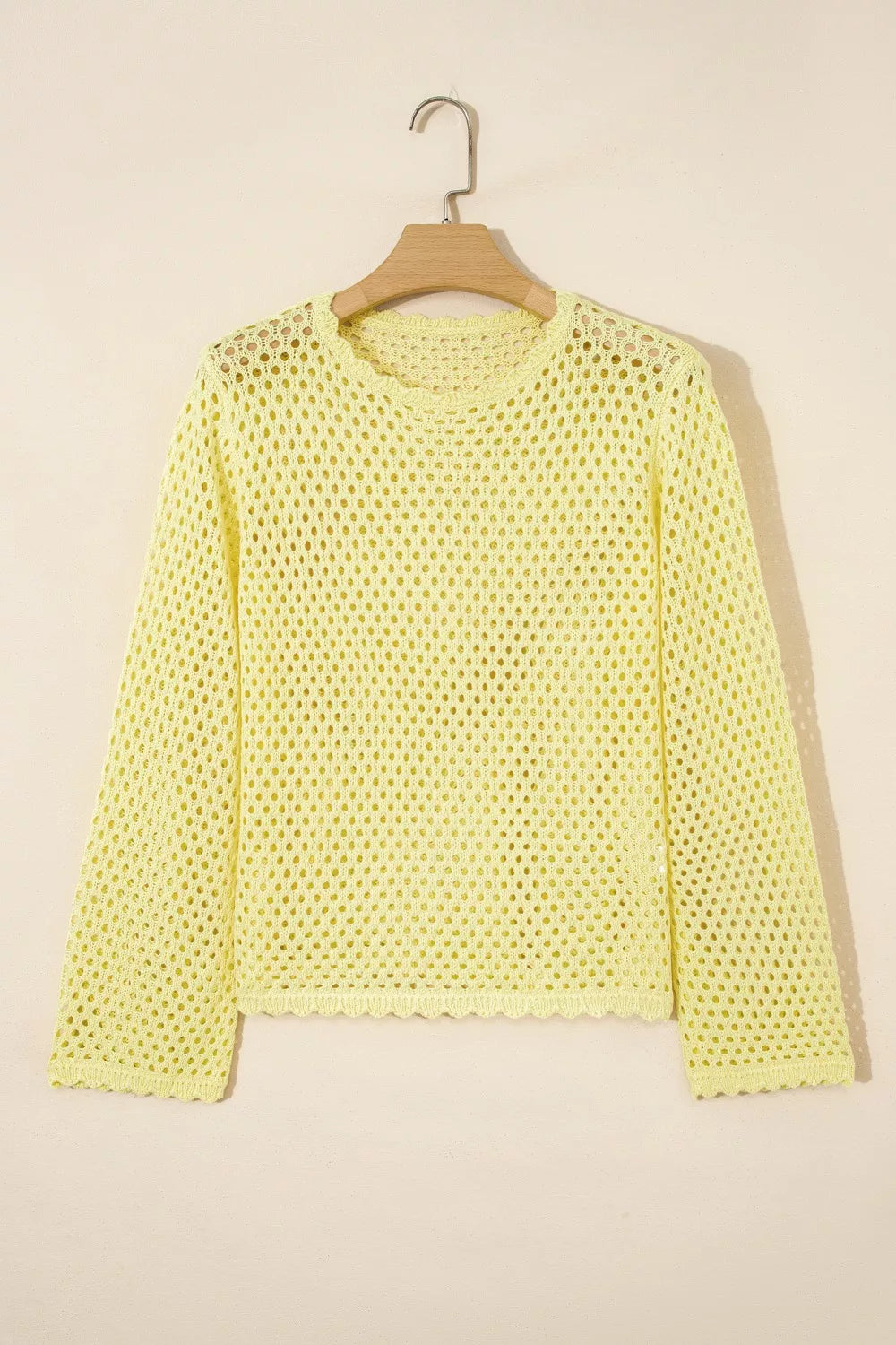Scalloped Trim Hollow Out Knit Long Sleeve Top