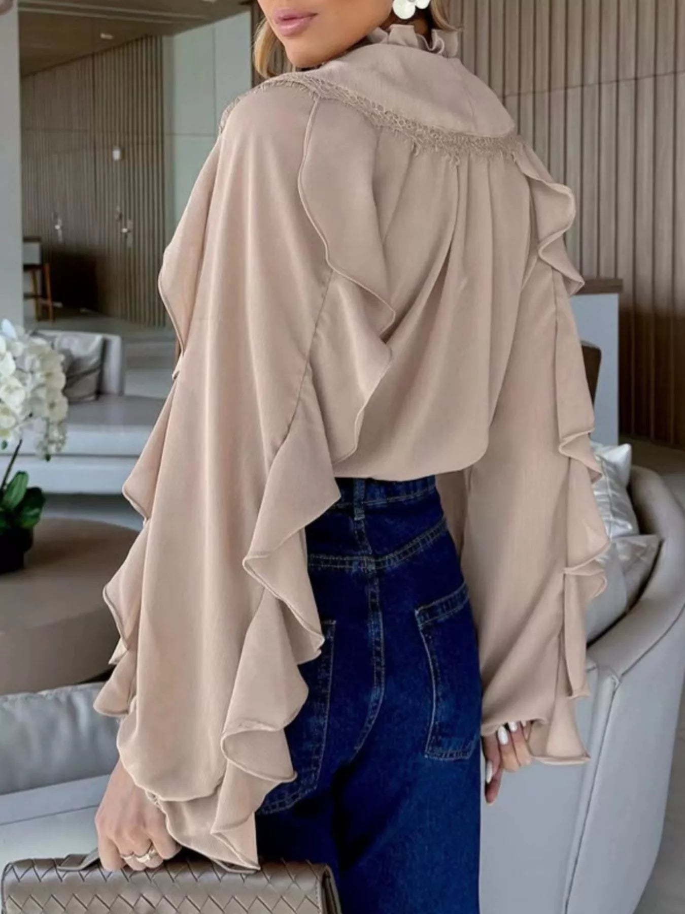 V-Neck Ruffled Lace Trim Blouse