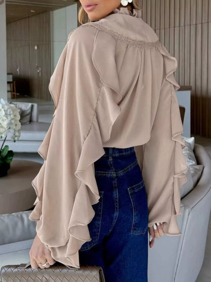 V-Neck Ruffled Lace Trim Blouse
