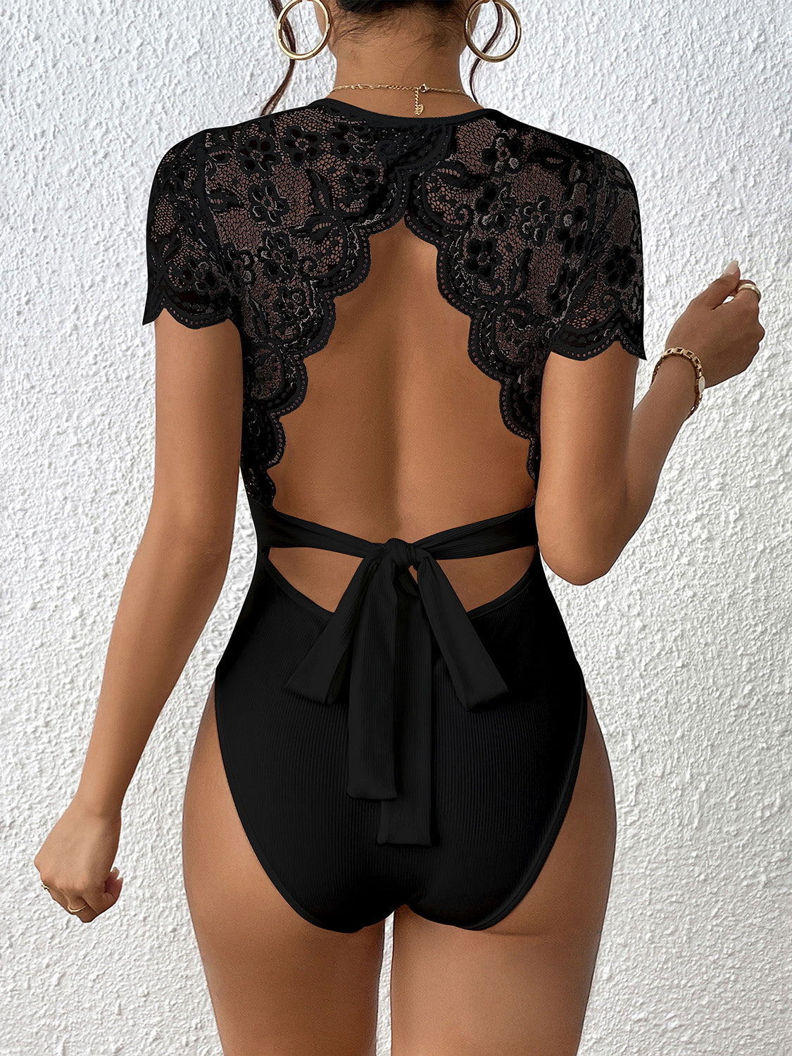 Blue Zone Planet | Perfee Lace Backless Round Neck Bodysuit