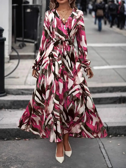 Printed Surplice Flounce Sleeve Maxi Dress