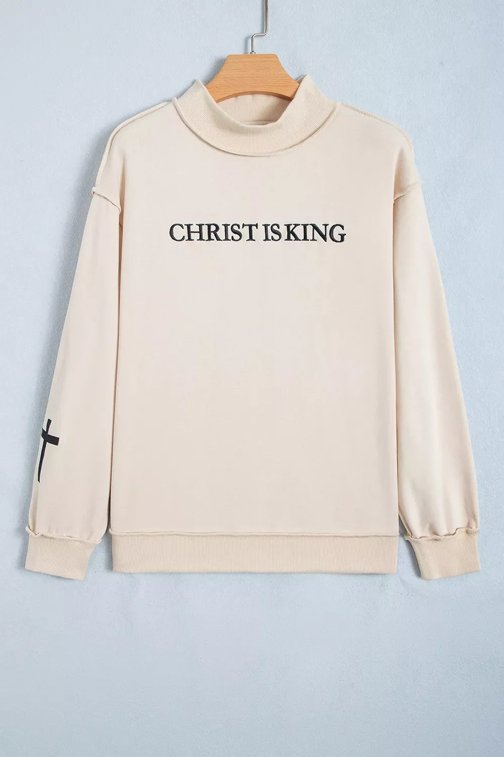 CHRIST IS KING Embroidery High Neck Baggy Sweatshirt