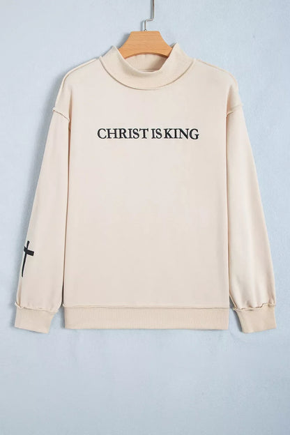 CHRIST IS KING Embroidery High Neck Baggy Sweatshirt