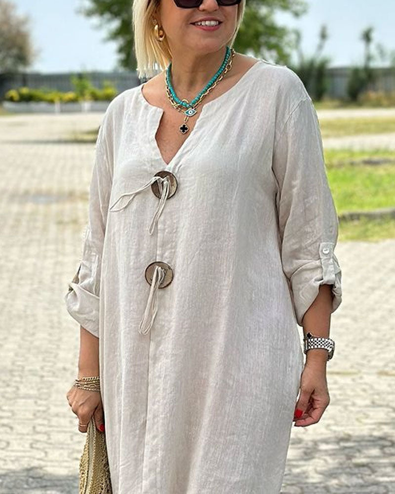 Casual Cotton Linen V-neck Button Decorative Dress