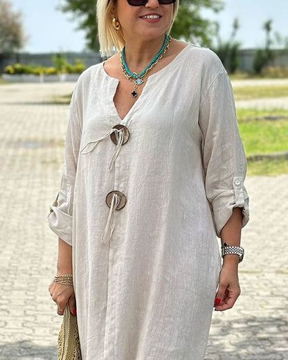 Casual Cotton Linen V-neck Button Decorative Dress