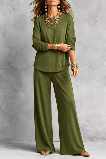 Long Sleeve Top and Wide-Leg Pants Set
