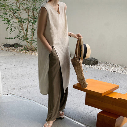 Simple Sleeveless Linen Long Shirt