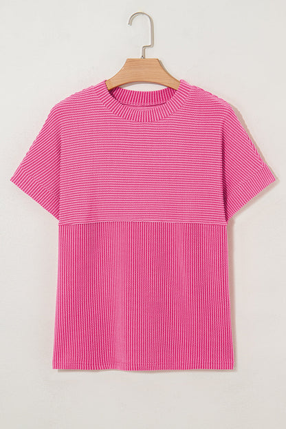 Bright Pink Plain Corded Knit Mock Neck T Shirt