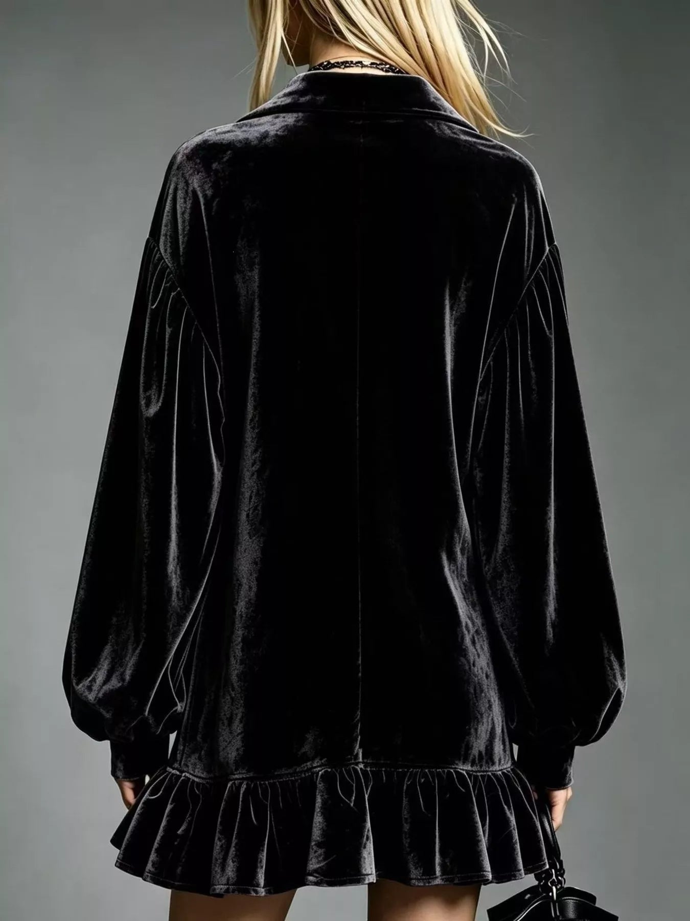 Full Size Velvet Ruffled Hem Long Sleeve Dress Plus Size