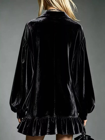 Full Size Velvet Ruffled Hem Long Sleeve Dress Plus Size