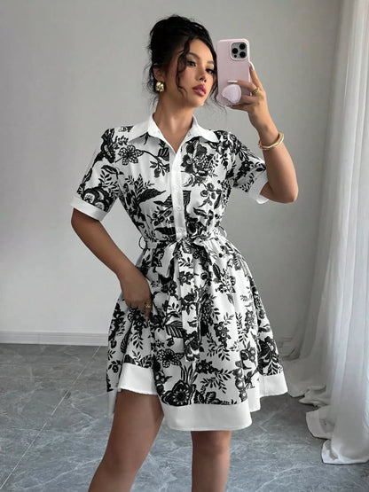 Printed Button Front Mini Dress
