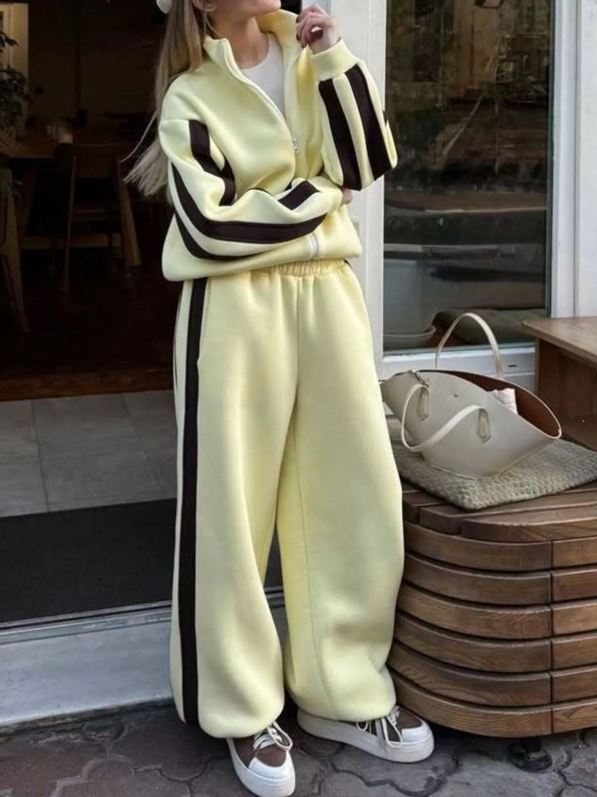 Contrast Striped Zip Up Top and Pants Set