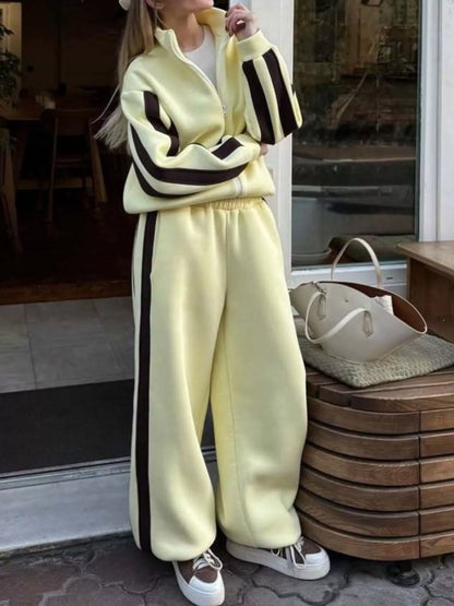 Contrast Striped Zip Up Top and Pants Set