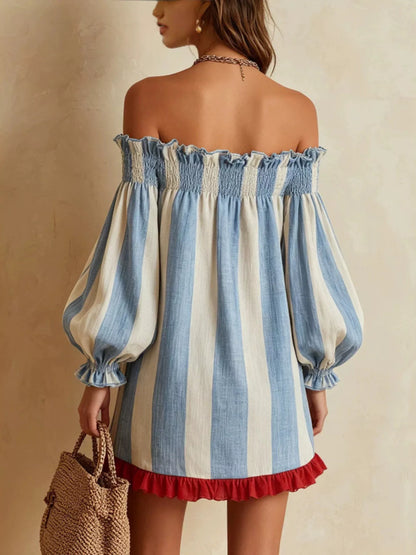Off-Shoulder Striped Ruffle Hem Mini Dress