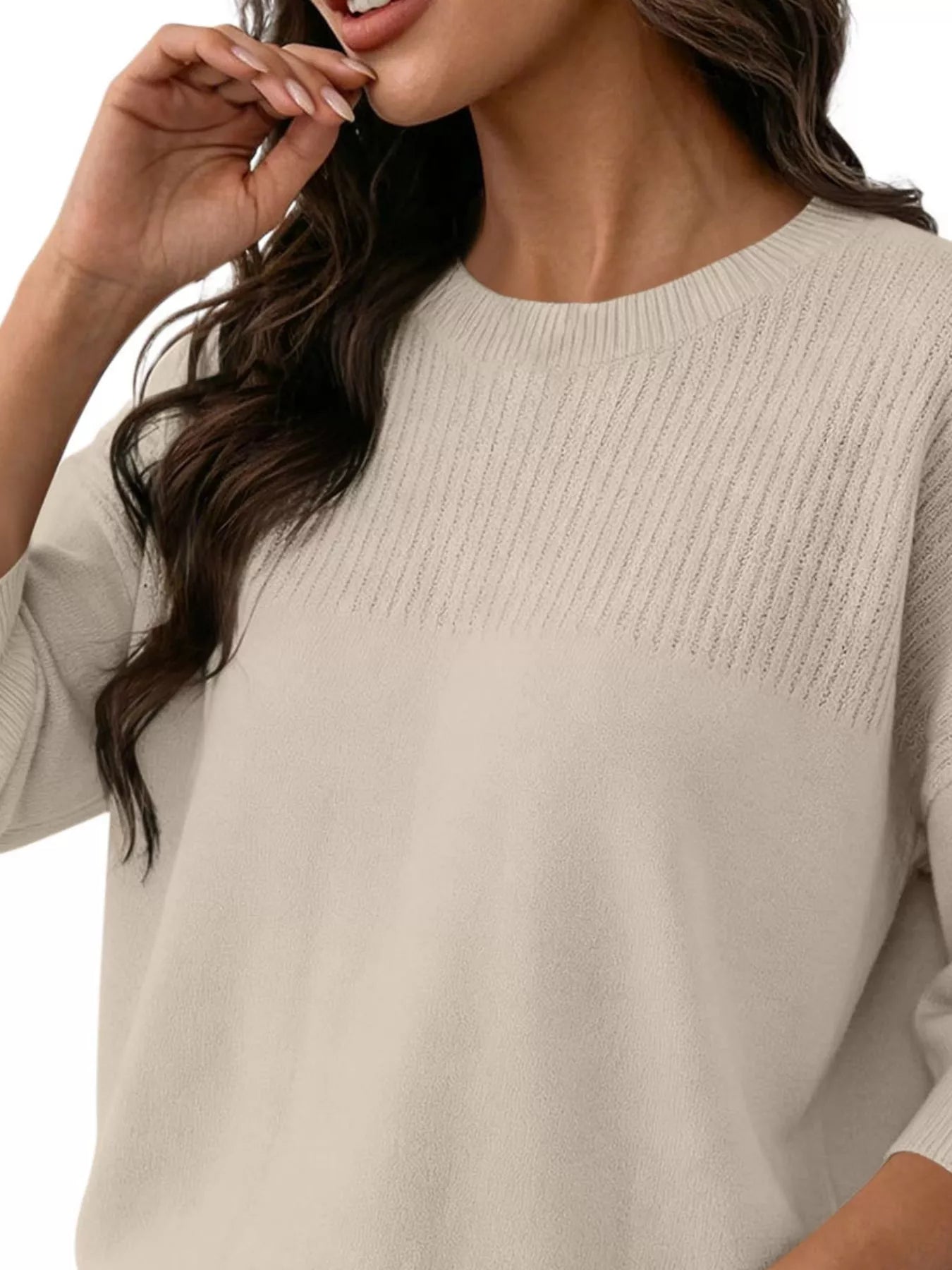 Elegant Crew Neck Eyelet Ribbed Sweater