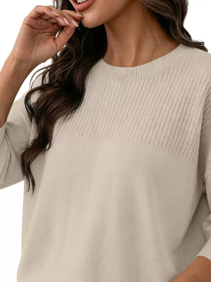 Elegant Crew Neck Eyelet Ribbed Sweater