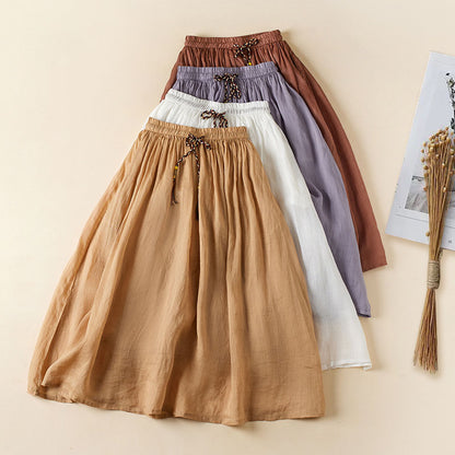 Mid Length Double Layer Skirt Elastic Waist Tie Pleated Skirt