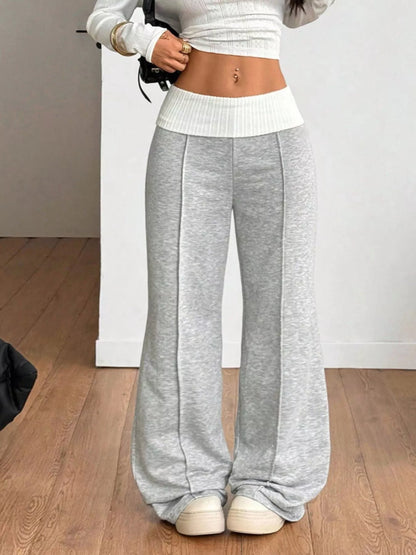 Ribbed Waistband Wide-Leg Pants