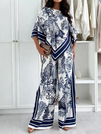Asymmetrical Printed Top and Wide-Leg Pants Set