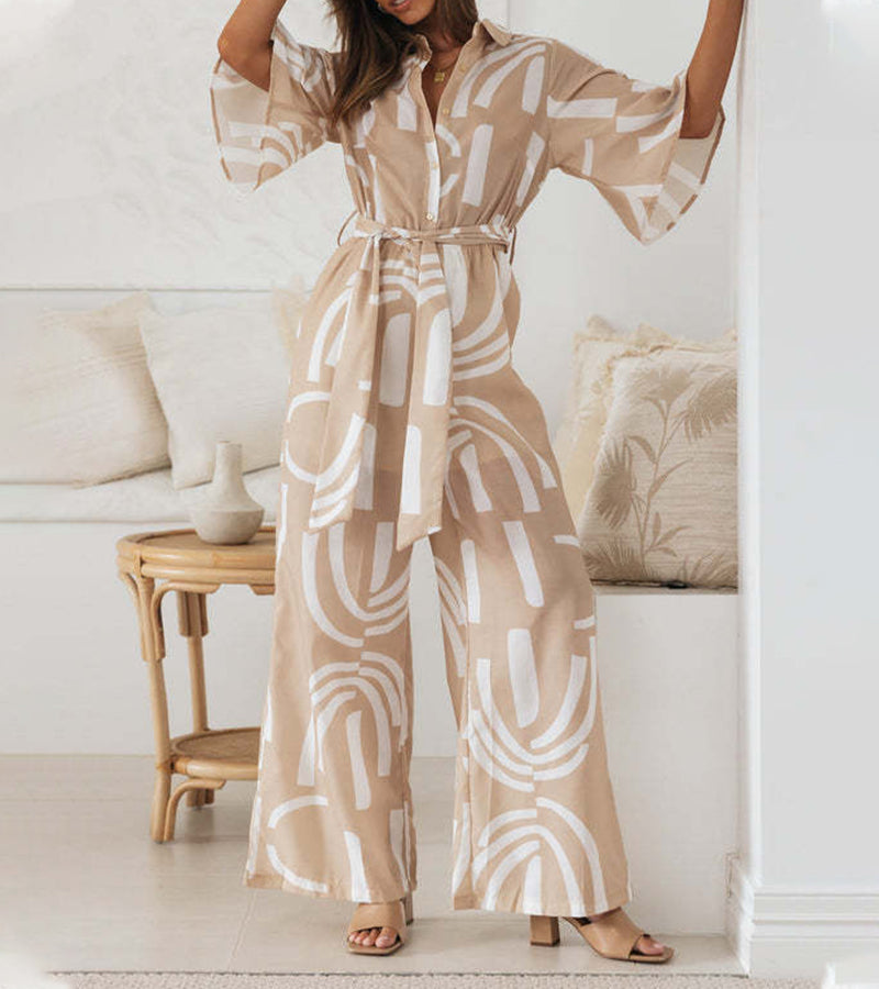 Leaves Printed Lapel, Five-quarter Sleeves and Belted Long Jumpsuit