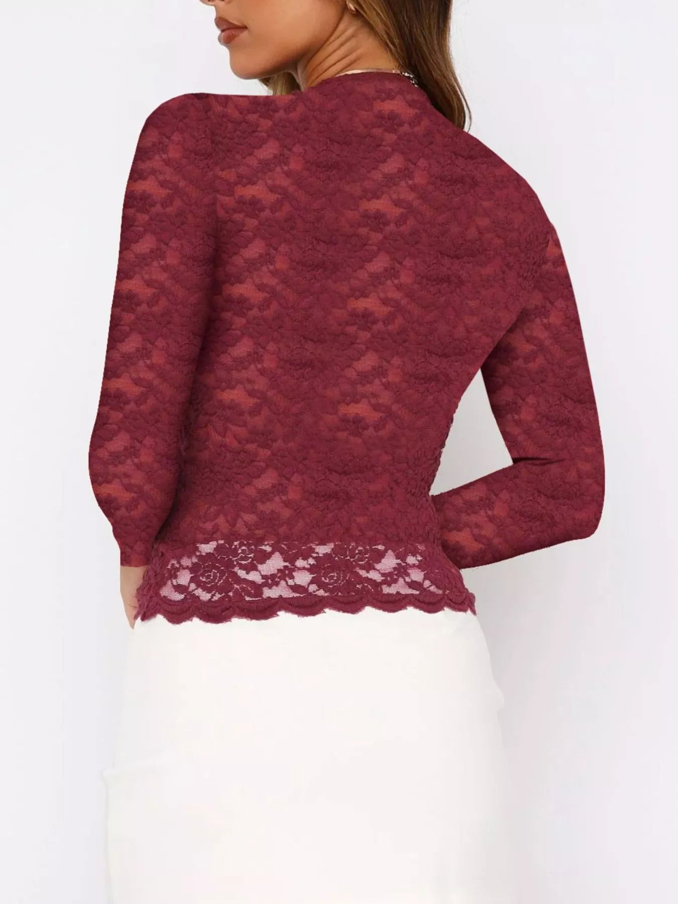 Sheer Lace Long Sleeve V-Neck Top