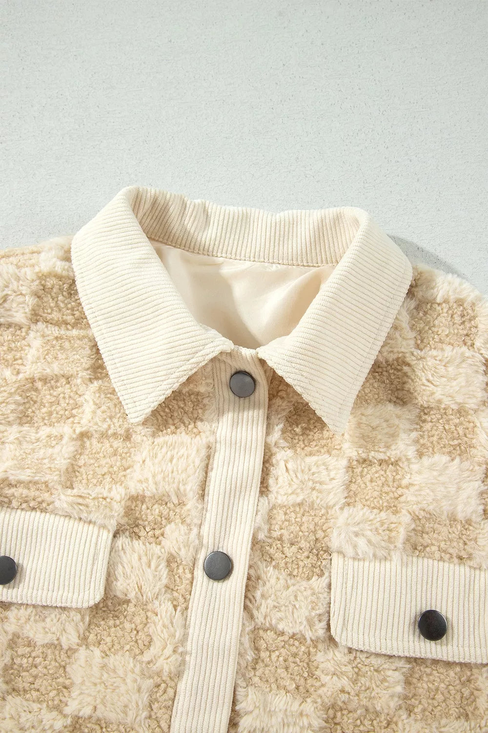 Plush Checkered Corduroy Trim Metal Button Long Sleeve Shift Silhouette Shacket