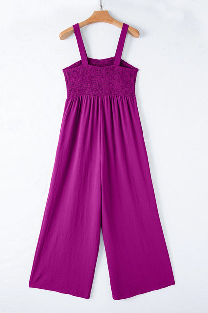 Purple Orchid Smocked Square Neck Sleeveless Jumpsuit with Pockets