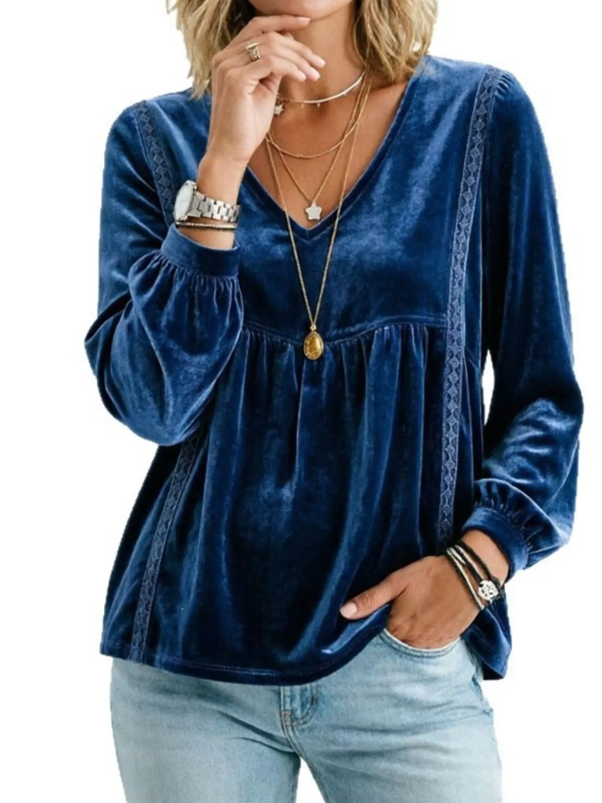 Full Size V-Neck Long Sleeve Velvet Blouse with Lace Trim Plus Size