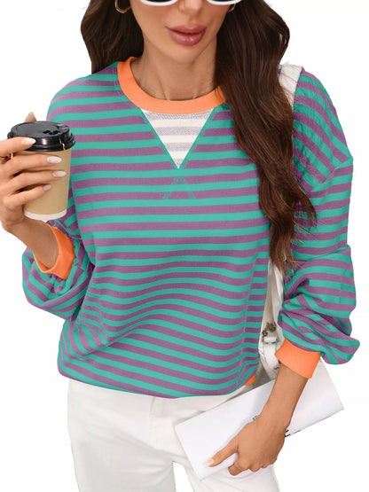 Contrast Trim Striped Crew Neck Sweatshirt