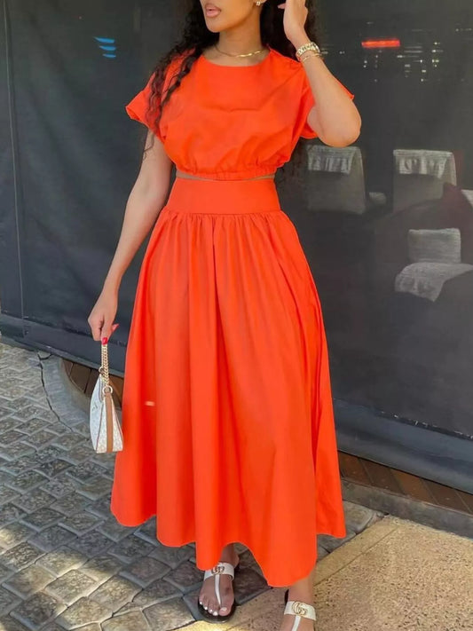 Short Sleeve Crop Top and Skirt Set