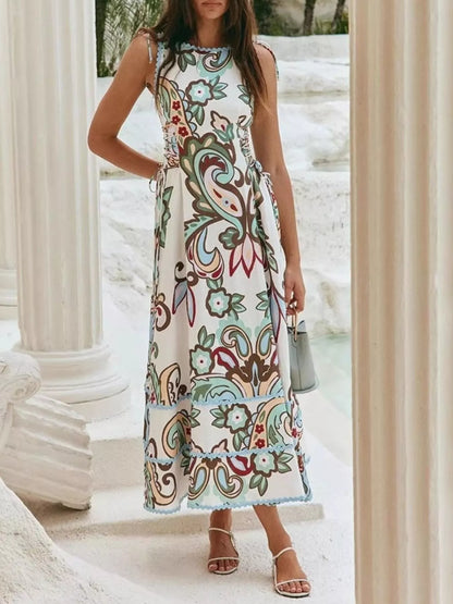 Printed Tie Shoulder Sleeveless Midi Dress