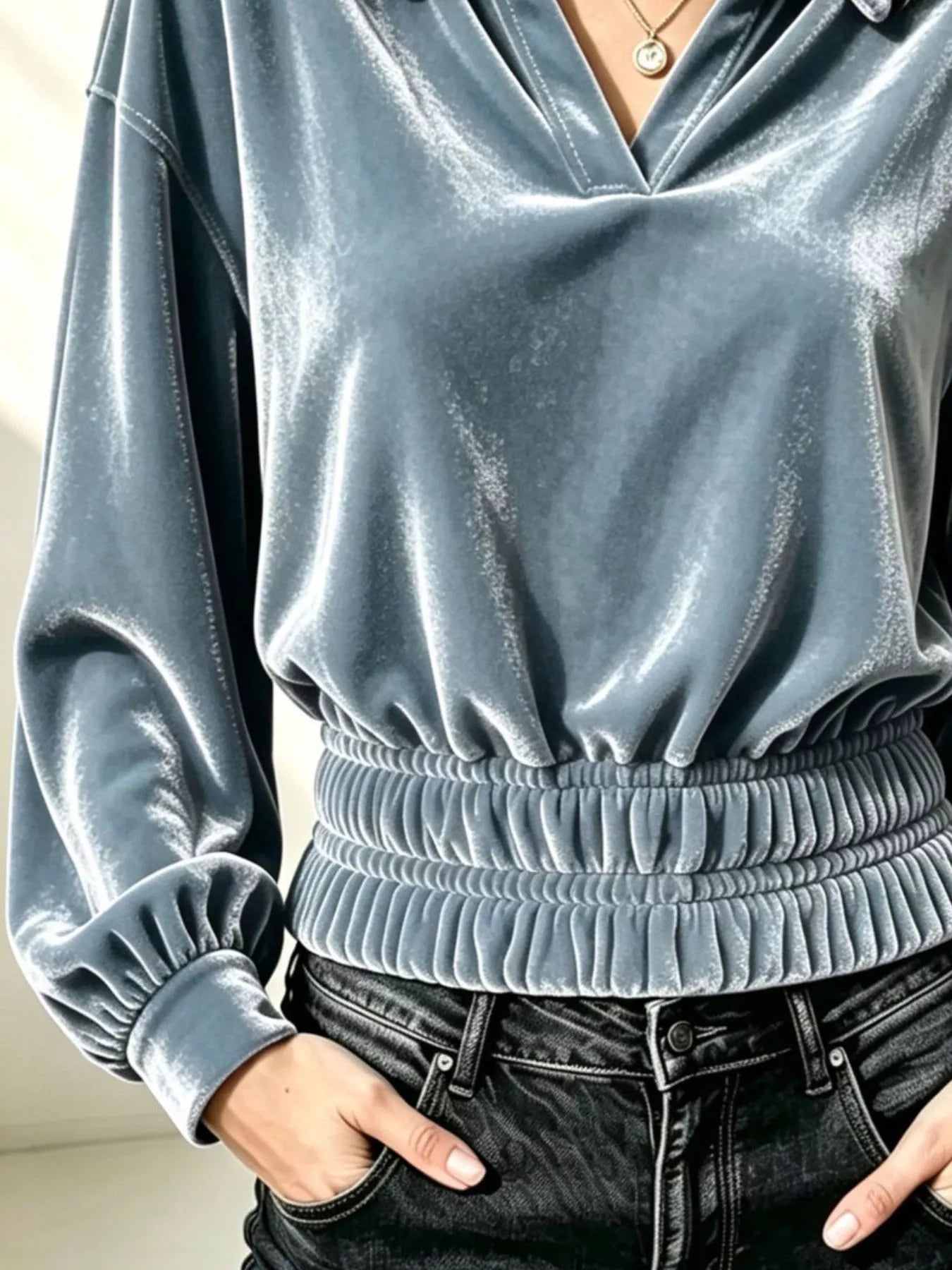 Velvet Johnny Collar Long Sleeve Blouse